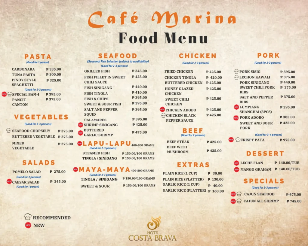 Hotel Costa Brava Cafe Menu