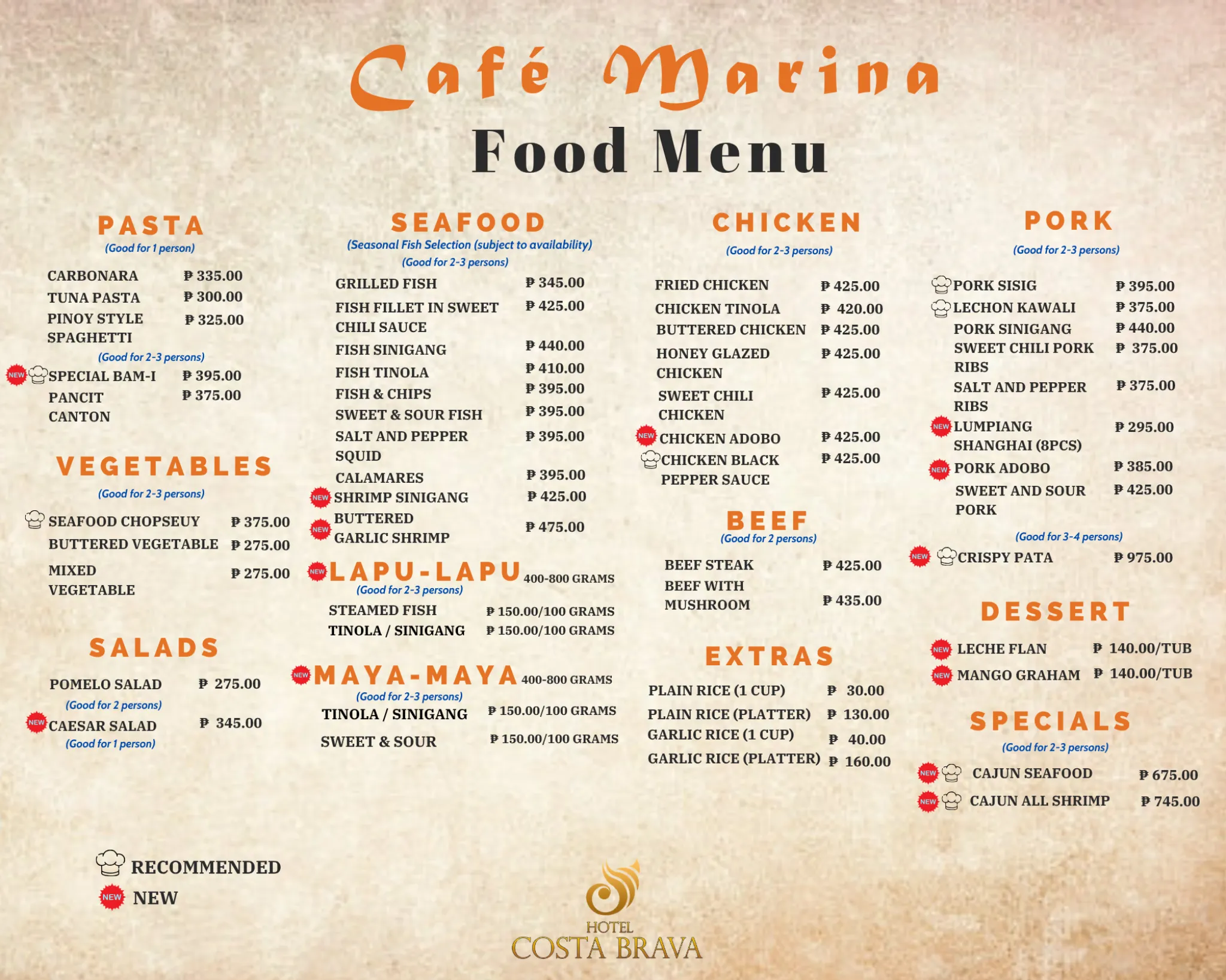 Hotel Costa Brava Cafe Menu