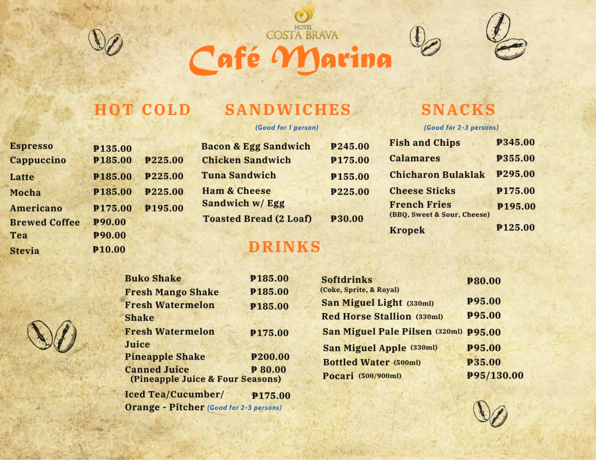 Hotel Costa Brava Cafe Menu